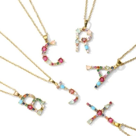 O Initial Pendant Necklace Multicolor Rhinestones Gold Tone Chain - Picture 8 of 16